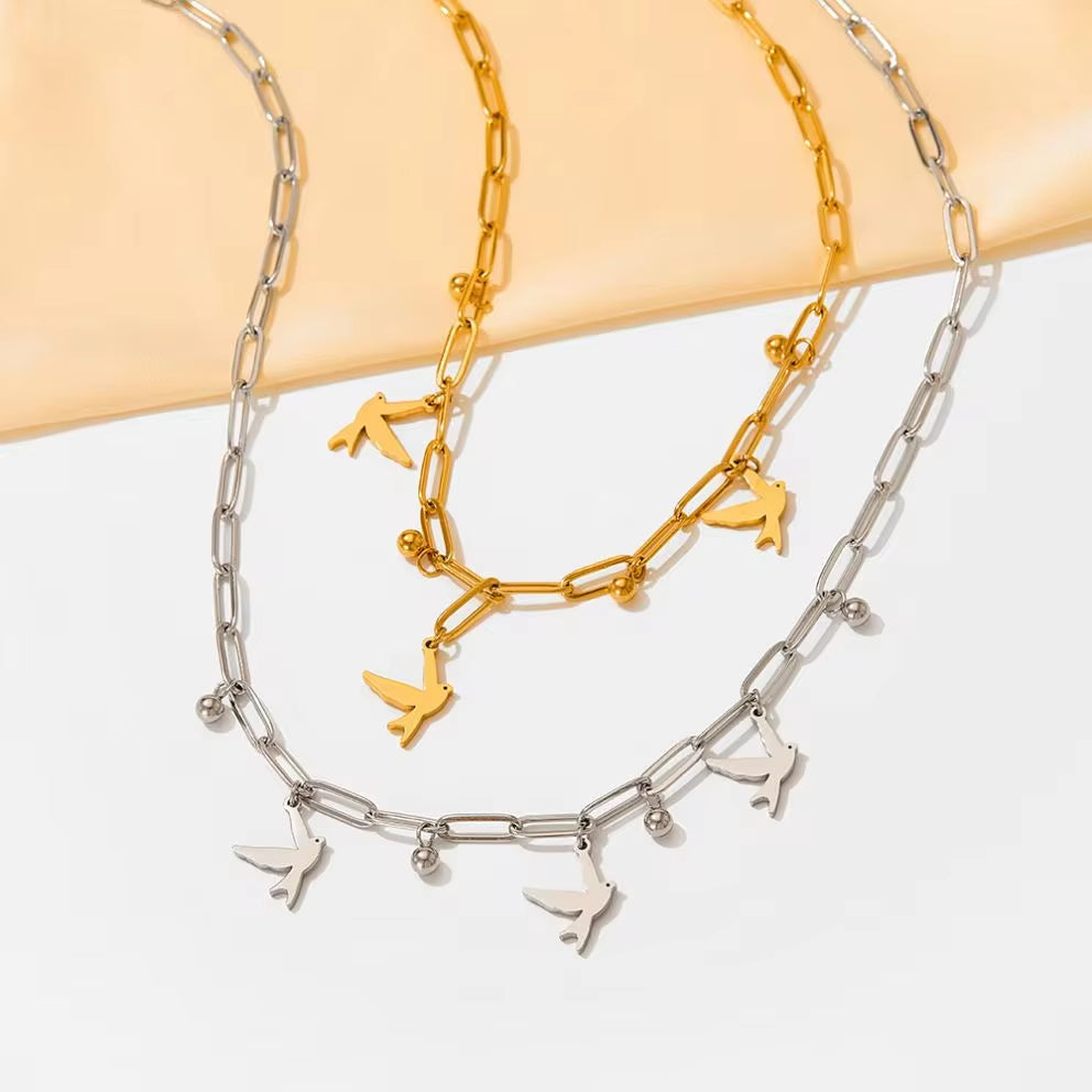2024 Women Gold Plated Paper Clip Chain Bracelet Swallow Bird Pendant Necklace Jewelry Set My Store