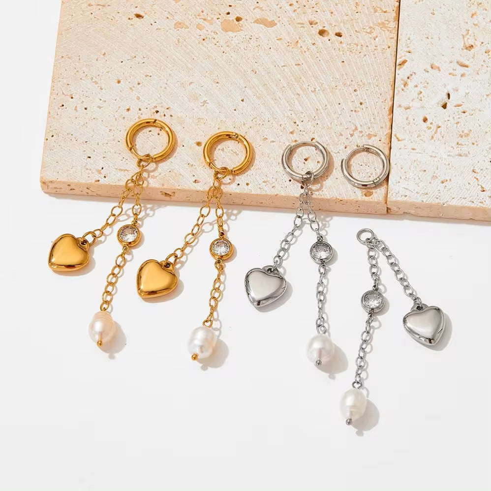 18K Gold 316 Stainless Steel Chain Link Natural Pearl Heart Long Drop Dangle Earrings for Women Waterproof Jewelry My Store