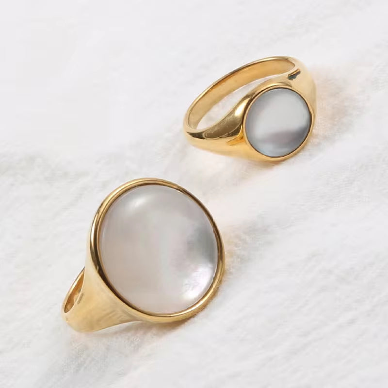 Waterproof 18K Gold Plated Oval Abalone Shell Rings Stainless Steel Jewelry Dainty round Natural Shell Rings My Store