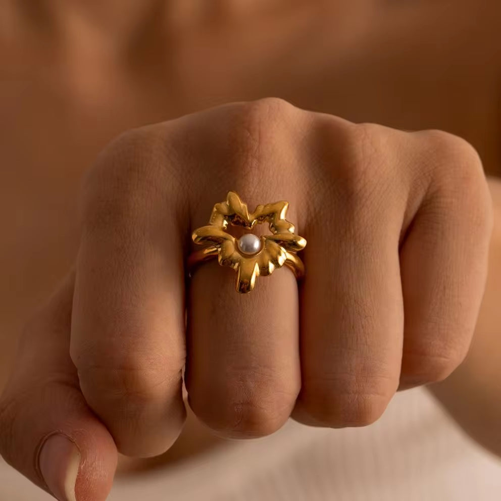 Design Lava Heart Pearl 18K Stainless Steel Gold Plated Hollow Heart Maple Leaf Open Ring for Women My Store