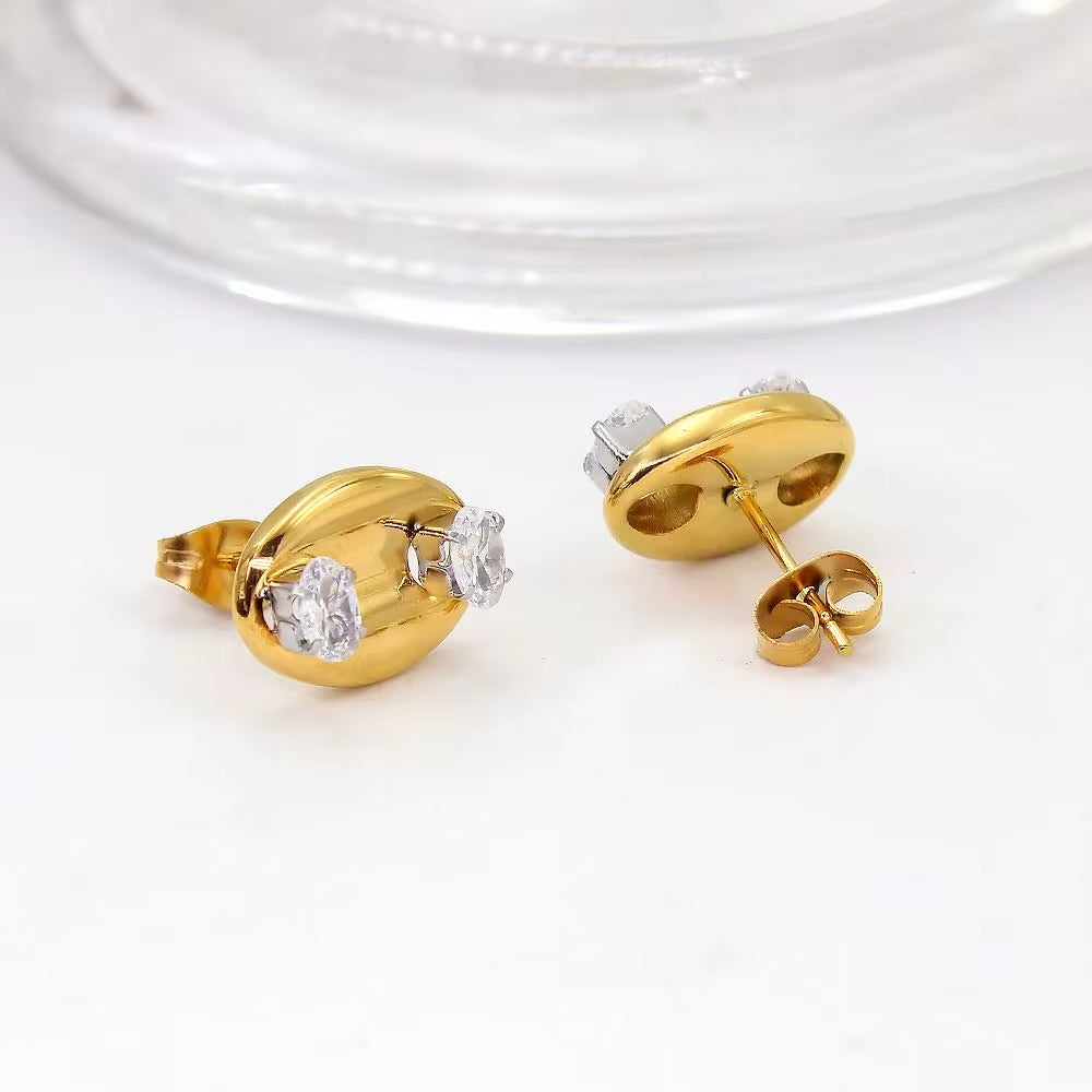 Bling Zircon Inlaid Coffee Bean Ear Studs 18K Gold Plated Stainless Steel Earrings for Women Girls Prevent Allergy My Store