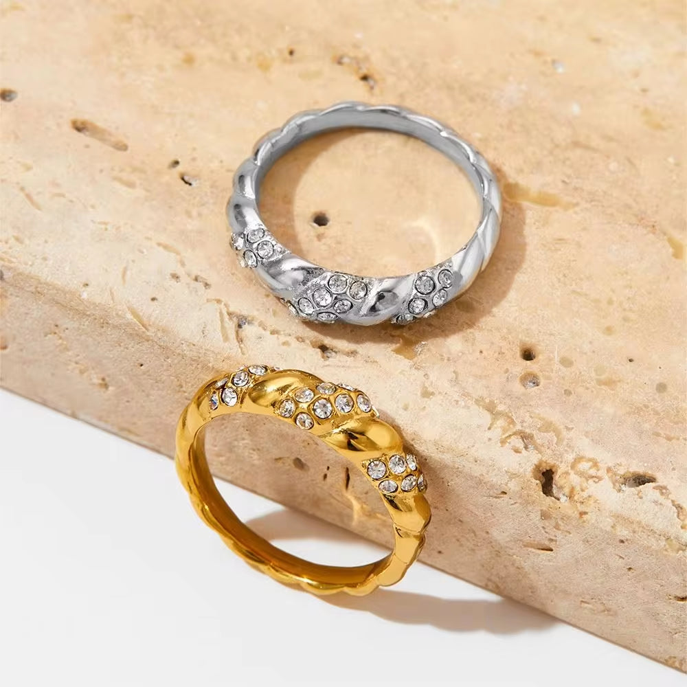 Exquisite Shiny Zircon Paved Croissant Ring Luxury Stylish Trendy Jewelry Twisted Statement Stainless Steel Rings for Women My Store