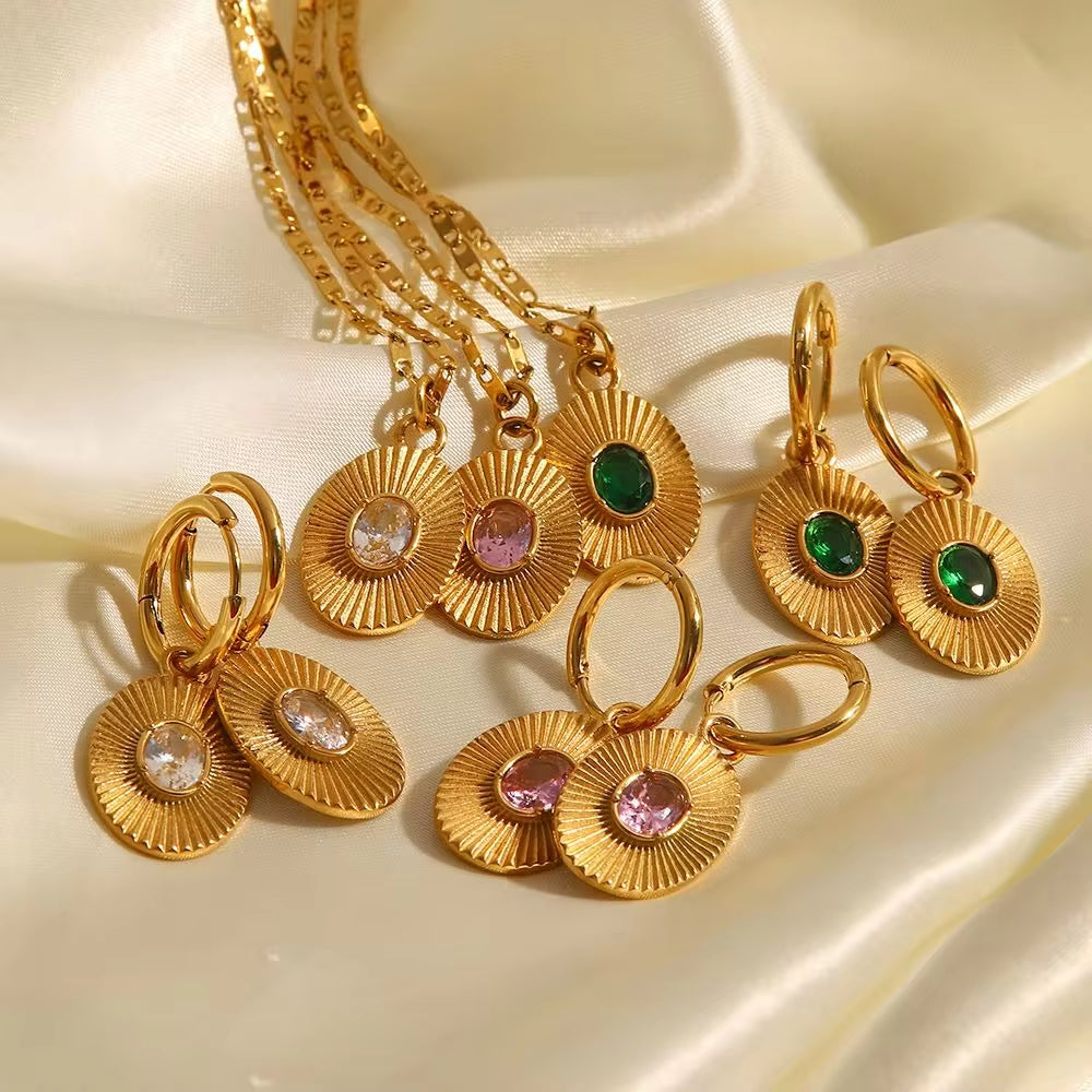 INS Style 18K Gold Plated Sunburst Earrings Stainless Steel Screw Zircon Paved Oval Pendant Necklace My Store