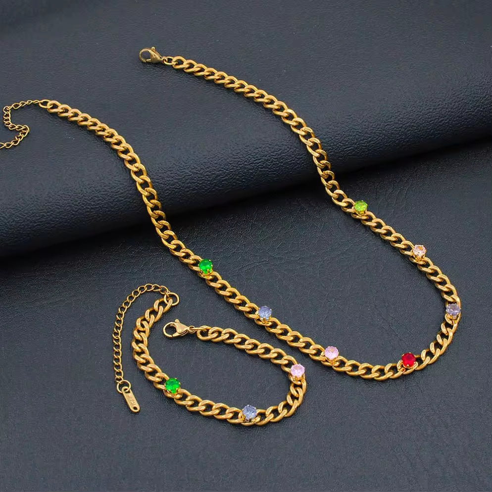 USENSEN 18K Gold Plated Stainless Steel Jewelry Colorful Zircon Cuban Chain Chokers Necklace Do Not Fade Emerald Necklaces My Store