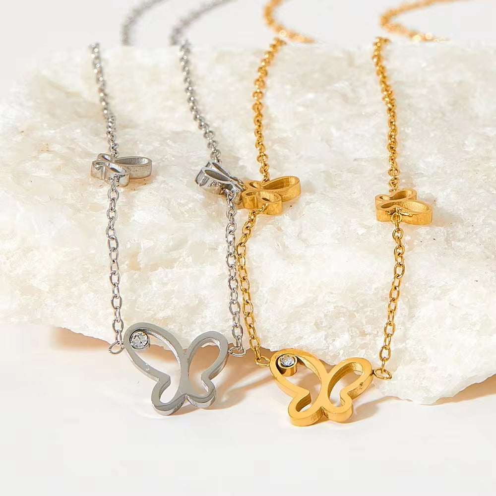 Ins Gold Plated Stainless Steel Three Butterfly Shape Hollow Zircon Necklace Bracelet Thin Chain Gift Bracelet My Store
