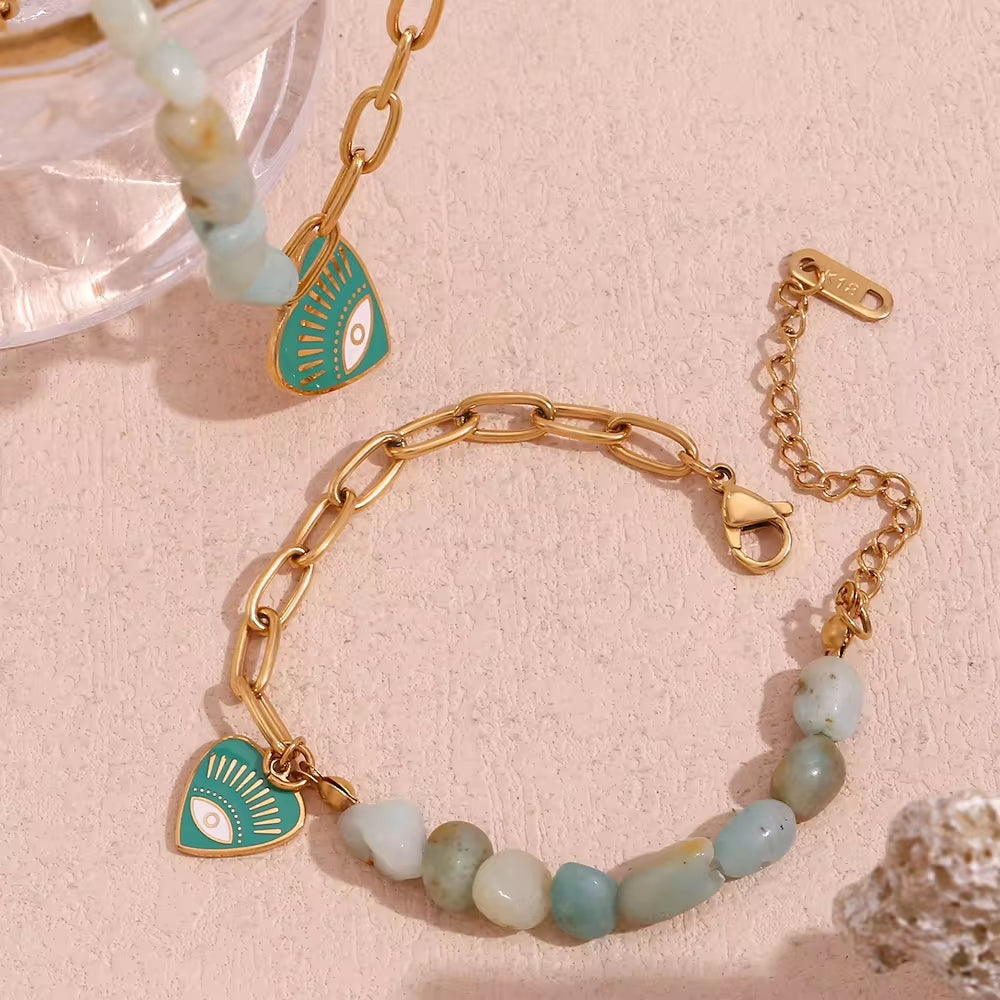 Splicing Amazonite Evil Eye Jewelry Gold Plated Charm Necklace Gold Plated Gemstone Jewelry Stainless Steel My Store