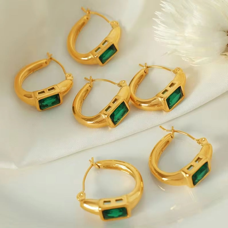 JEWELRY EH142 French Fashion Emerald Zirconia C-Shaped Earrings Stainless Steel Gold Plated 18K Earrings My Store