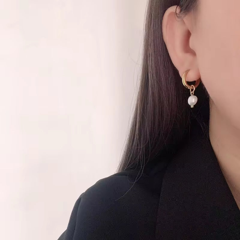 Classic 18K Gold Plated Natural Pearl Drop Earrings Waterproof Stainless Steel Pearl Huggie Earrings My Store