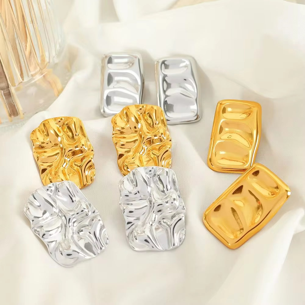 JEWELRY EH270-1 Fashion Lava Ruffles Hammered Delicate Earrings Stainless Steel Gold Plated Rectangle Geometric My Store