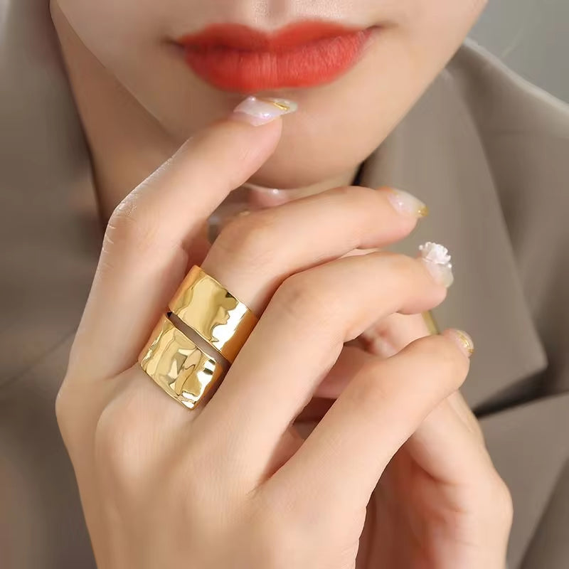 Finger Jewelry 18K Gold Plated Stainless Steel Double Layer Wide Open Ring for Women My Store