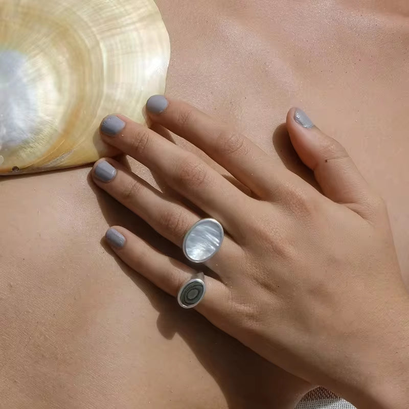 Waterproof 18K Gold Plated Oval Abalone Shell Rings Stainless Steel Jewelry Dainty round Natural Shell Rings My Store