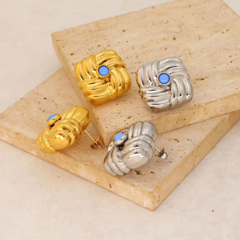 Classic Textured Geometric Stainless Steel Ear Stud Girl Women'S Golden Jewelry Square Knot Earrings Wholesale My Store