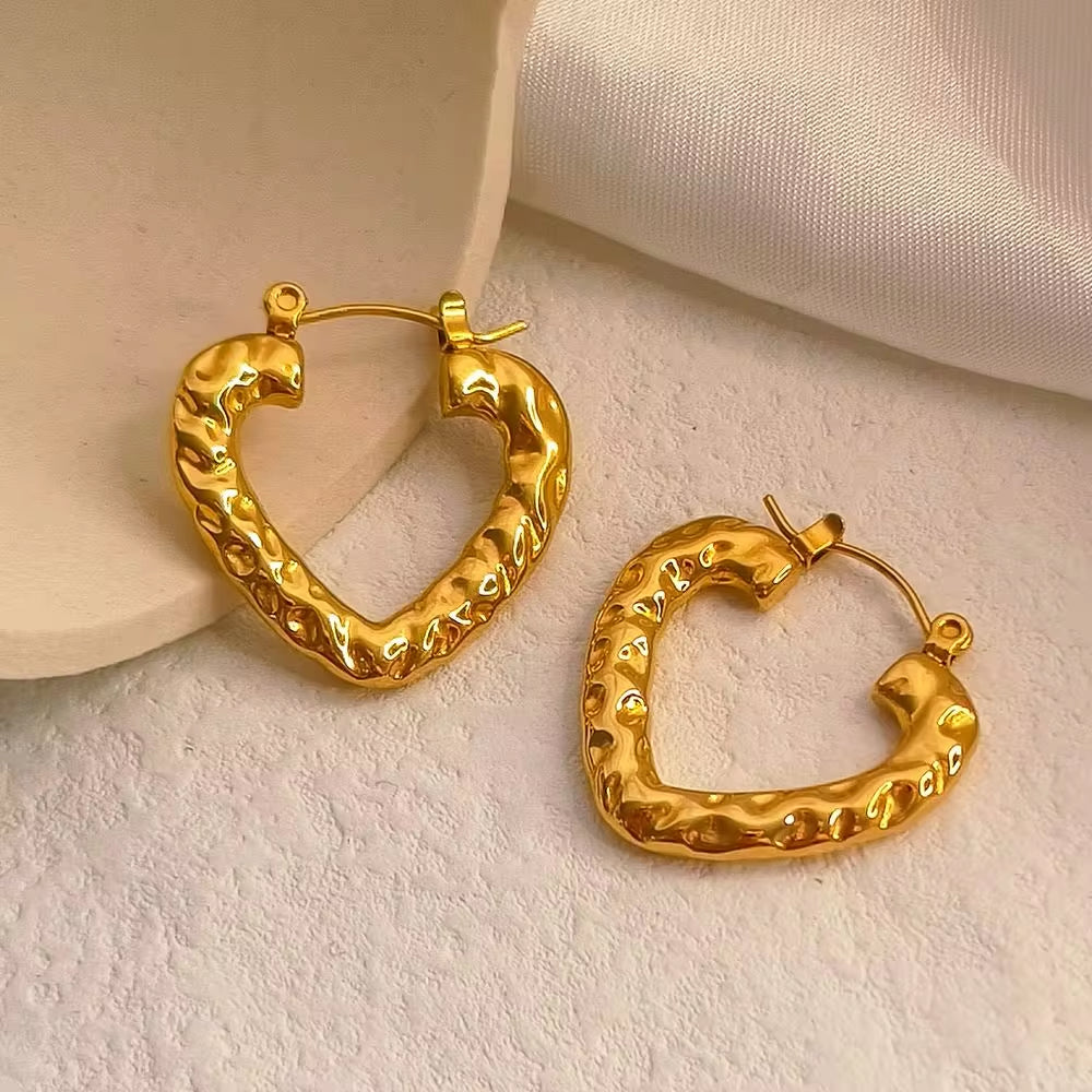 Hot Sale Hip Hops Embossed Texture Geometric Clip on Earrings Trendy Gold Plated Large Heart Rectangular Hoop Earrings F My Store
