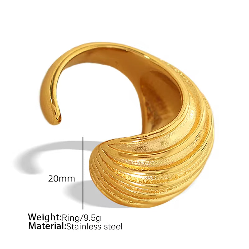 JEWELRY EH168-JZ15 French Vintage 18K Gold Plated Geometric Stripe Hollow Earrings Ring Openings Fashion Jewellery Set My Store