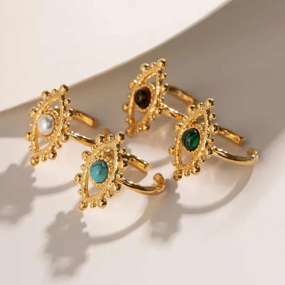 18K Gold Plated Stainless Steel Design Finger Natural Turquoise Malachite Tiger Eyes Stone Evil Eyes Rings My Store