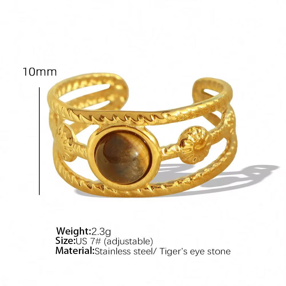 JEWELRY JZ26-27 Hot Sale Tiger Eye Turquoise Skeleton Ring Stainless Steel Open End Ring My Store