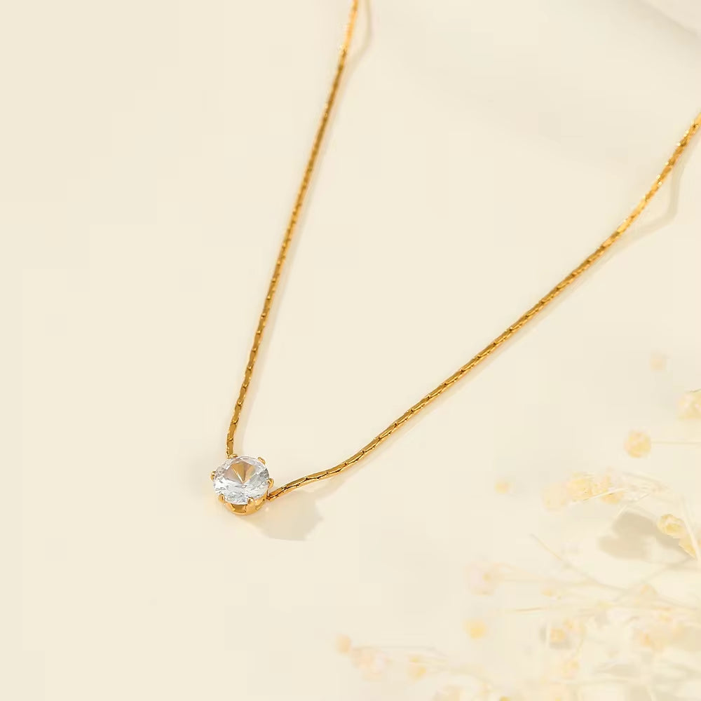 Waterproof Brilliant Solitaire Cubic Zirconia Pendant Necklace Ins 18K Gold Plated Diamond Stainless Steel Necklace Jewelry My Store