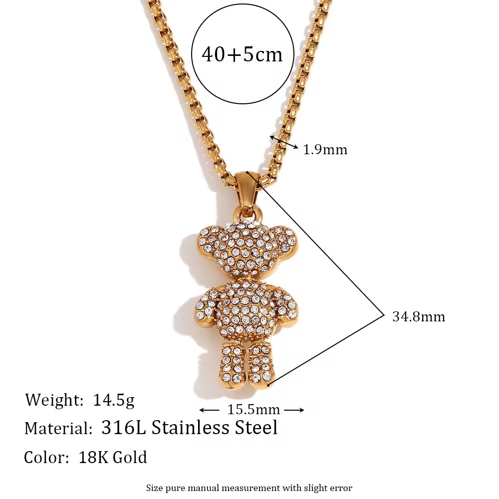 Shining Zircon Party Jewelry Cute Bear Pendant Necklace Gold Plated Rope Chain Necklace Stainless Steel My Store