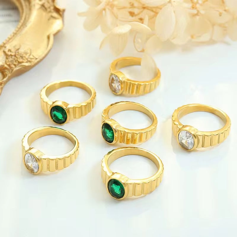 Vintage Design 18K Gold Plated Stainless Steel White Green Cubic Zirconia Finger Ring Jewelry for Women My Store