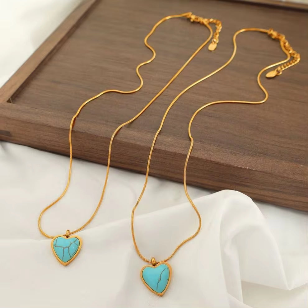 JEWELRY XL95 New Emerald 18K Gold Stainless Steel Heart Shaped Turquoise Pendant Necklace My Store