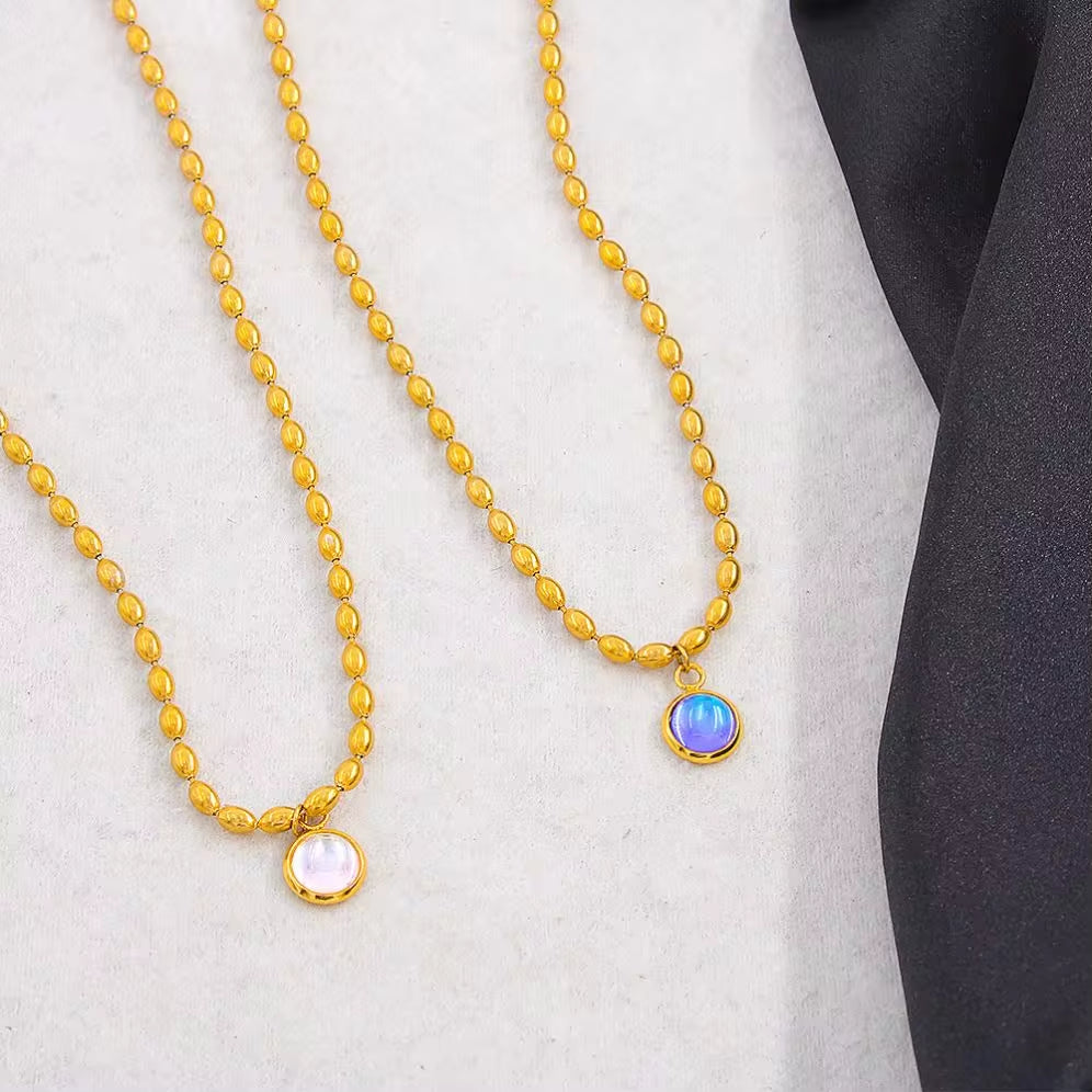 Delicate Stainless Steel Colorful Oval Bead Chain Jade Bead Pendant Necklace Vintage Stone Choker Gift for Lovers My Store