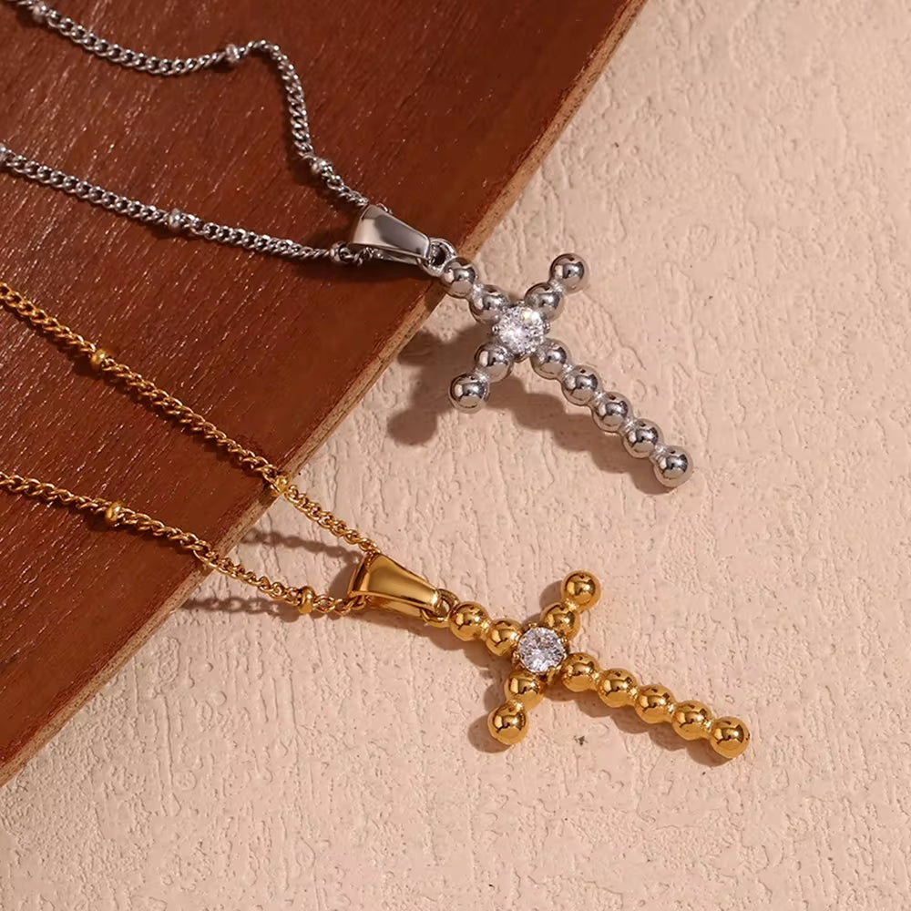 Dainty Zircon Cross Necklace Beaded Pendant Necklace Gold Plated Stainless Steel Christmas Gift for Women My Store