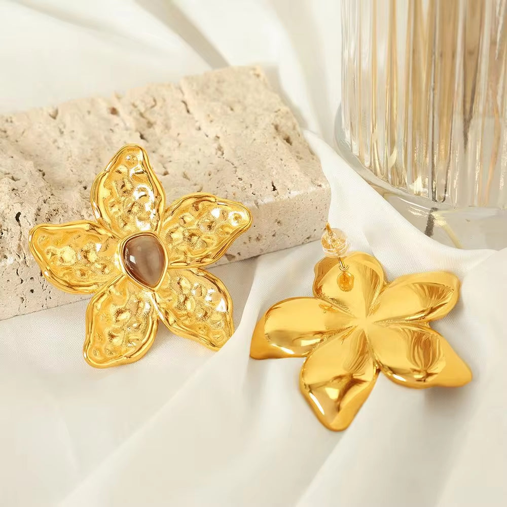 JEWELRY EH288 Exaggerated Design Earrings 18K Gold Stainless Steel Tiger Eye Stone Earrings Fashion Earrings My Store