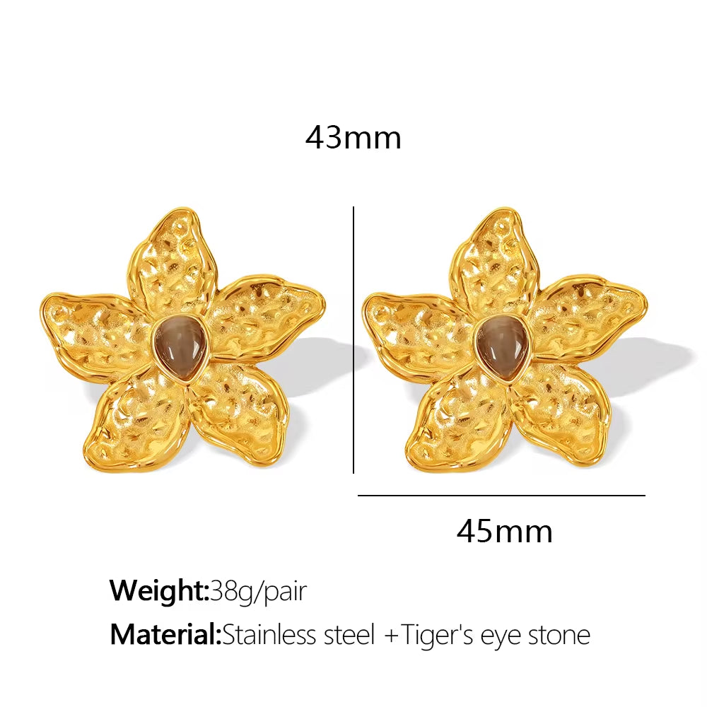 JEWELRY EH288 Exaggerated Design Earrings 18K Gold Stainless Steel Tiger Eye Stone Earrings Fashion Earrings My Store