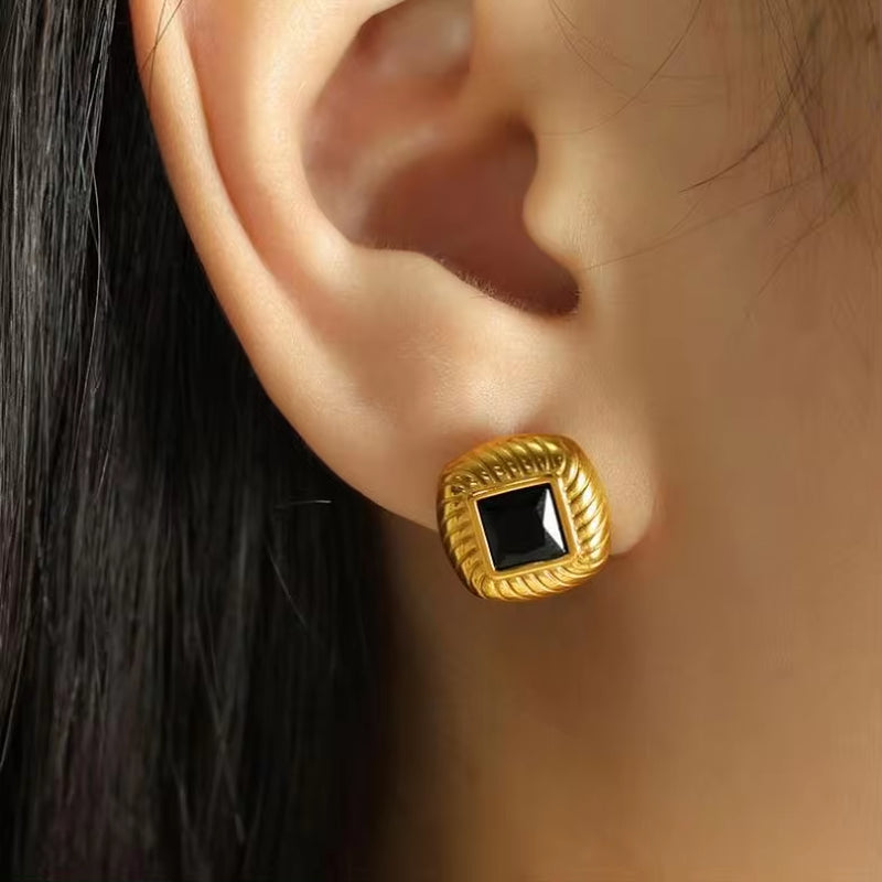 JEWELRY EH156 French Vintage Stainless Steel 18K Gold Plated Glass Stone Square Stud Earrings My Store