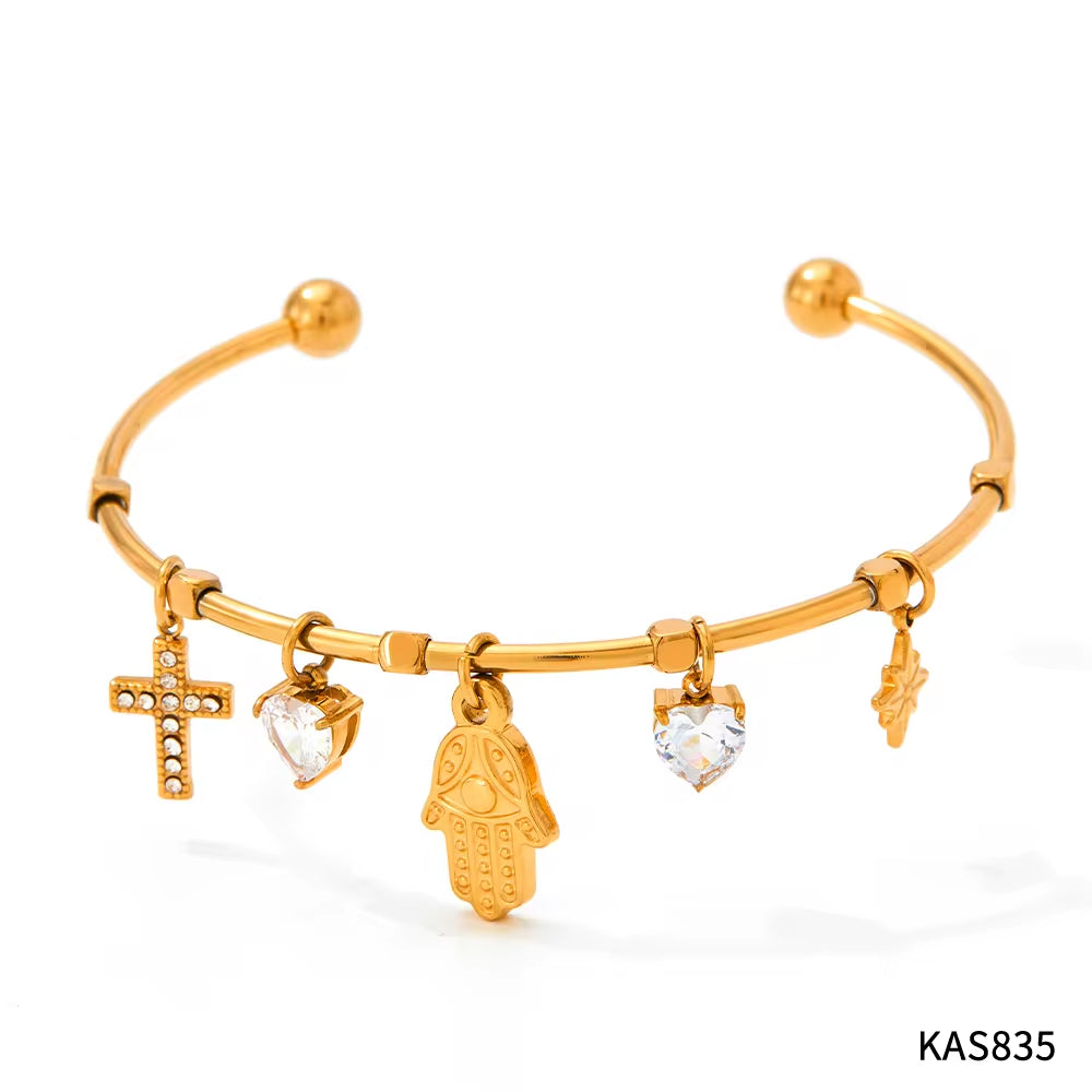Tarnish Free Gold Plated Open Cuff Bangle Stainless Steel Eye Heart Zircon Cross Hasma Hand North Star Charms Bracelets & Bangle My Store