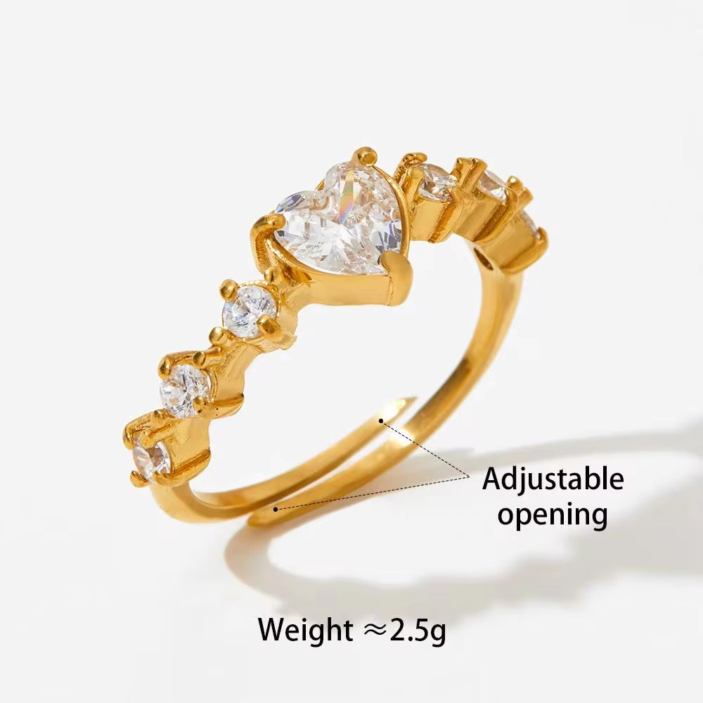 Gold Plated Adjustable Crystal Heart Shape Zircon Inlay Ring Tarnish Free Stainless Steel Diamond Wedding Rings My Store