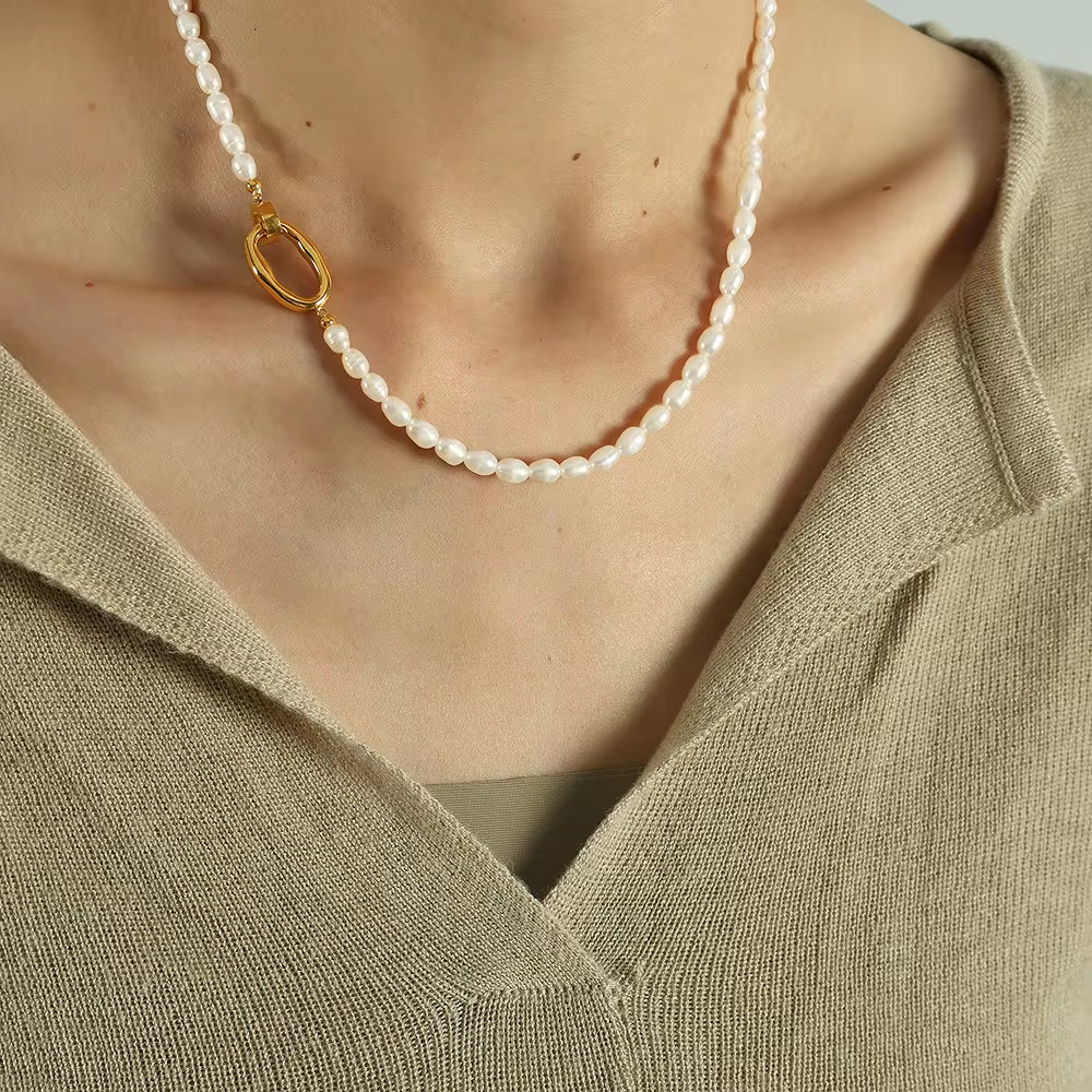 JEWELRY XL19-SL04 Fashion Freshwater Pearls Bracelet Necklace Set Women Stainless Steel Choke Chain My Store