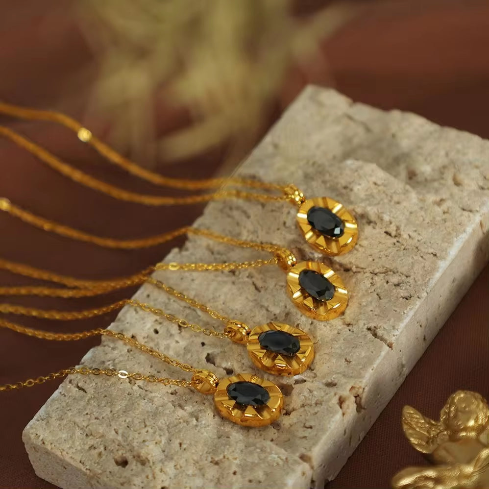 JEWELRY XL22 French Midnight Black Tea Collarbone Chain Black Zirconia Oval Engraved Stainless Steel Necklace My Store