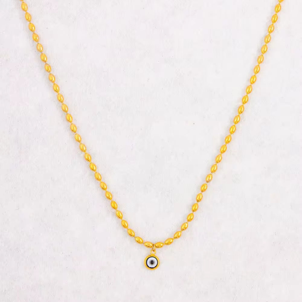 Wholesale Custom Stainless Steel Jewelry 18K PVD Gold Plated Oval Rice Bead Eyes Pendant Necklace for Women My Store