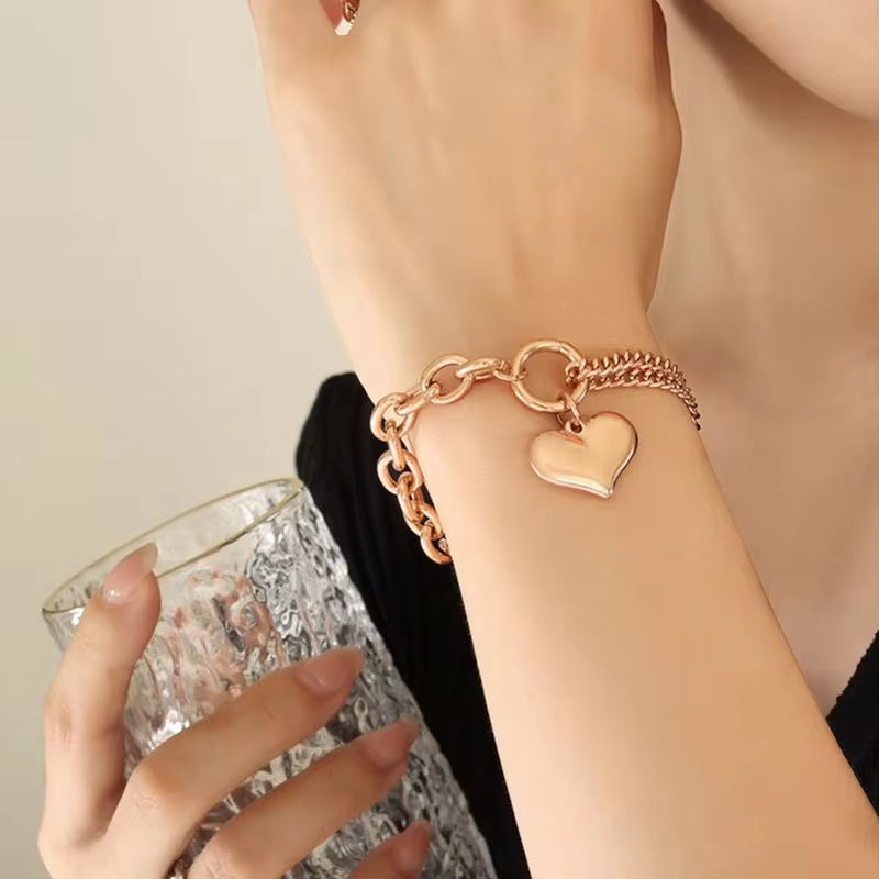 18K Gold Chunky Heart Curb Splicing Stainless Steel Smooth Double Layer Heart Chains Bracelet Women My Store