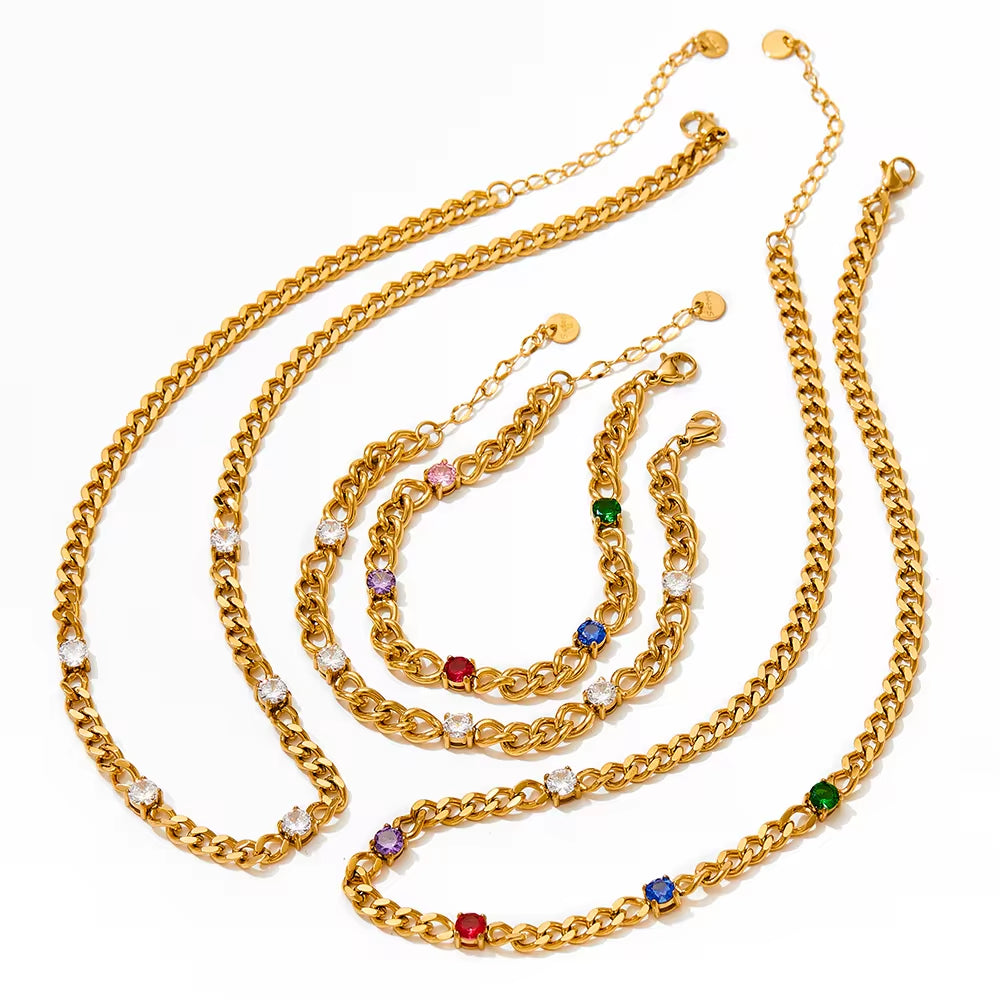 Exquisite Cubic Zirconia Stainless Steel Rainbow Cz Necklace Bracelet for Women Waterproof Fashion Jewelry Set My Store