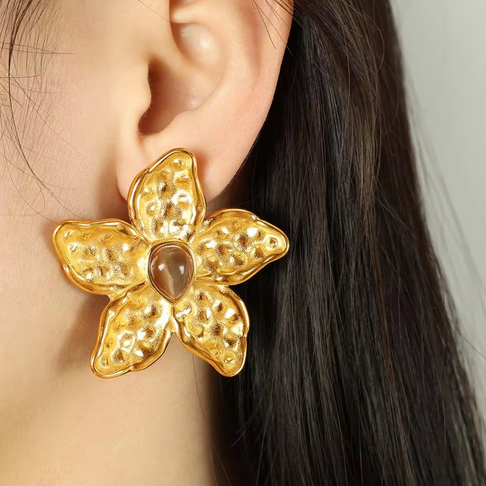 JEWELRY EH288 Exaggerated Design Earrings 18K Gold Stainless Steel Tiger Eye Stone Earrings Fashion Earrings My Store