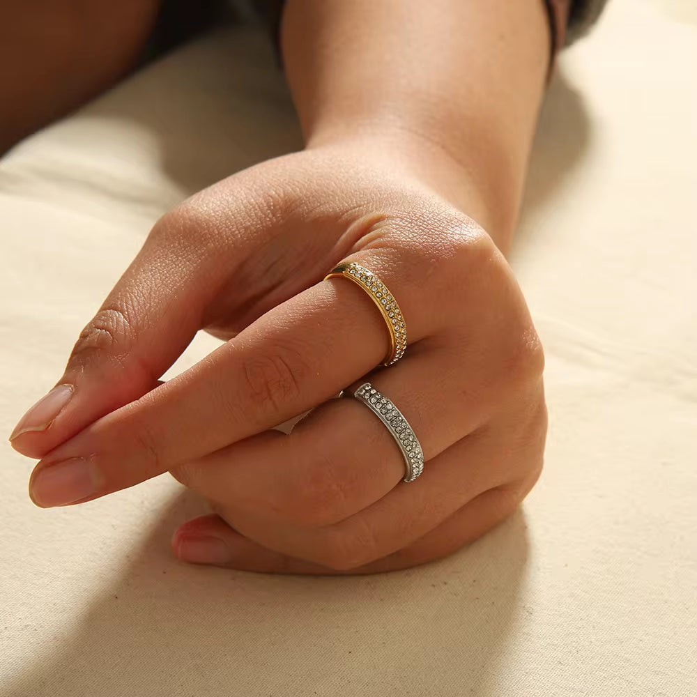 18K Gold Plated Cubic Zircon Stainless Steel Women Men Ring Waterproof Couple Ring for Lovers Hypoallergenic My Store