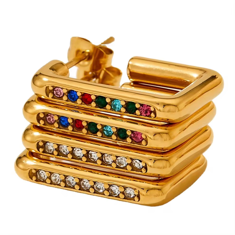 New Design Waterproof 18K Gold Plated Stainless Steel Jewelry Zircon Trimmed Rectangle Hoop Earrings My Store