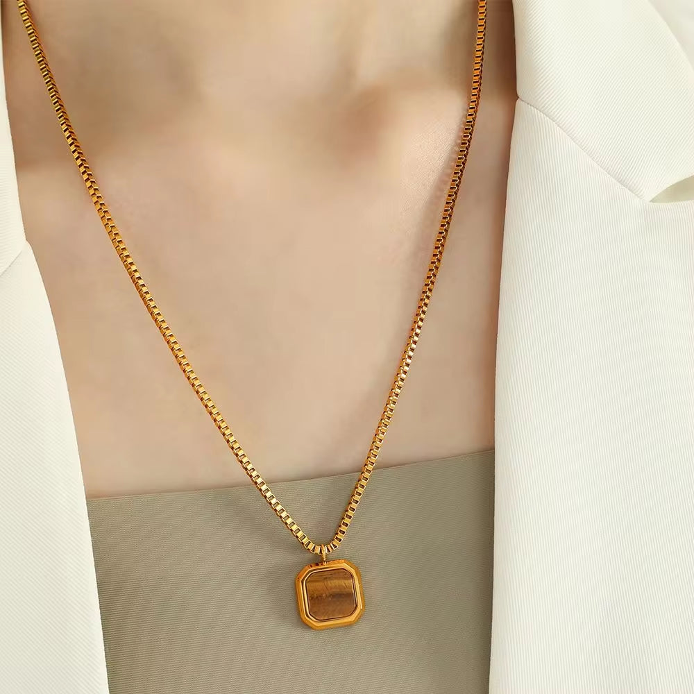 JEWELRY XL96-8 Hot Sale Tiger Eye Lapis Lazuli Onyx Geometric Square Pendant Necklace Niche Design Light Luxury My Store