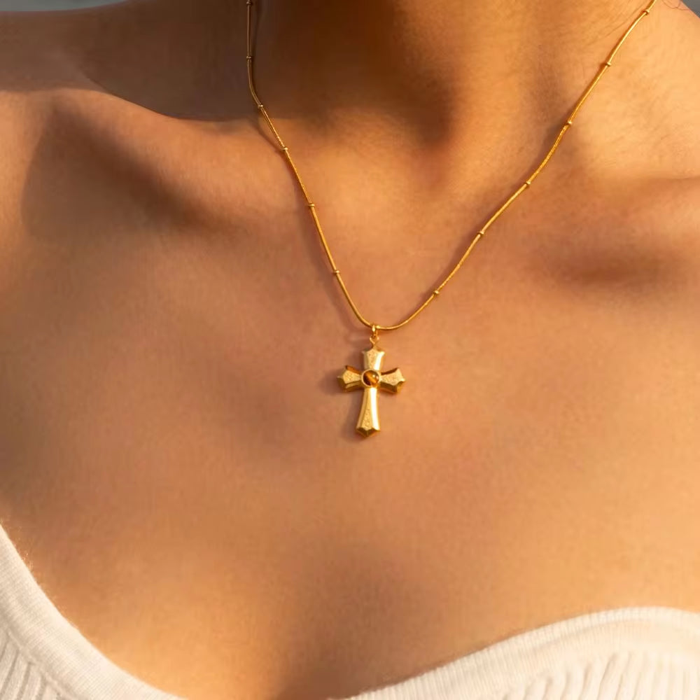 Jewelry 18K PVD Gold Plated Hammer Cross Necklace Tiger Eye Stone Cross Pendant Necklace for Women My Store