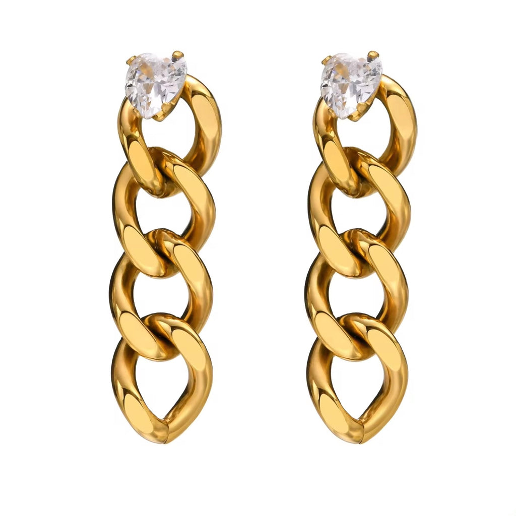 Hot Sale Ip Gold Plating Cubic Zircon Link Chain Pendant Earrings No Fade Stainless Steel Heart Shape Diamond Chain Earrings My Store