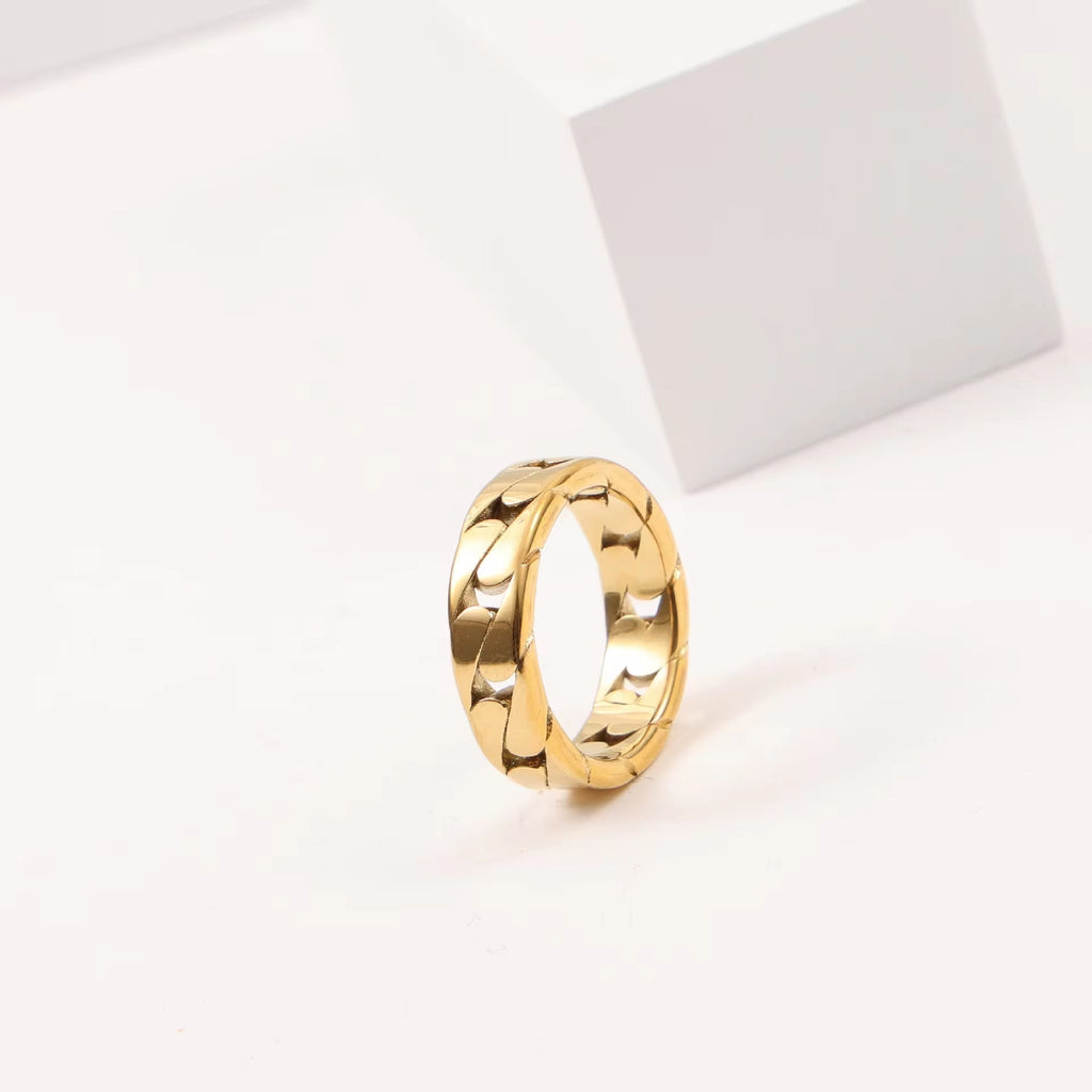 Tarnish Free Croissant Ring 18K Gold IP Plated Stainless Steel Striped Ring Miami Cuban Chain Chunky Ring My Store