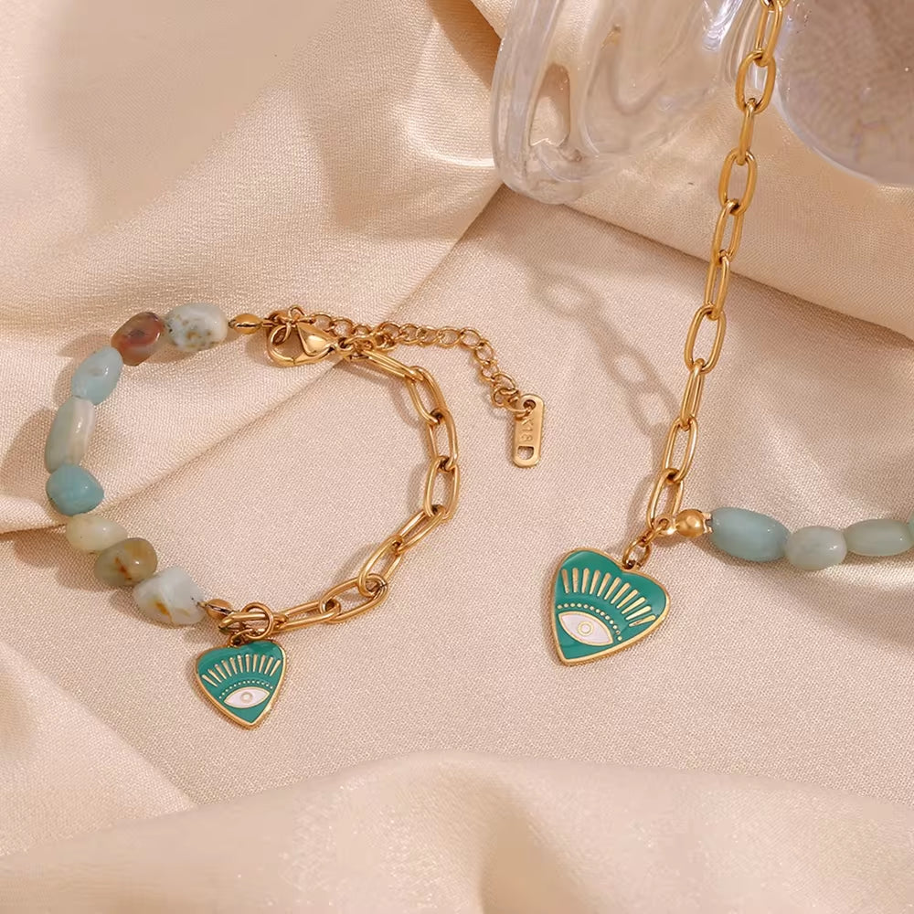 Splicing Amazonite Evil Eye Jewelry Gold Plated Charm Necklace Gold Plated Gemstone Jewelry Stainless Steel My Store