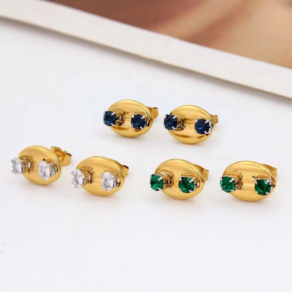 Bling Zircon Inlaid Coffee Bean Ear Studs 18K Gold Plated Stainless Steel Earrings for Women Girls Prevent Allergy My Store