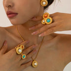 18K Gold Plated Texture Choker Jewelry Set Anniversary Romantic round Shell Pearl Stainless Steel Pendant Necklace My Store