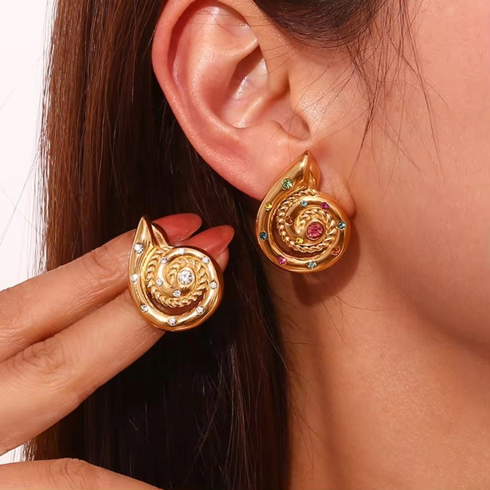New Design Conch Stud Earrings Colorful Zircon Earring 18K Gold Plated Stainless Steel Jewelry My Store