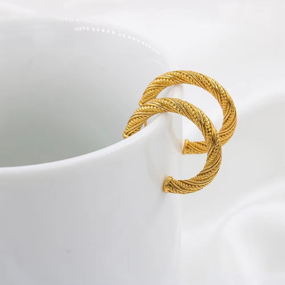 Textured Curved Rope Stainless Steel Hoop Earrings Unique C-Shaped Women'S Stud Ear Jewelry anti Allergic My Store