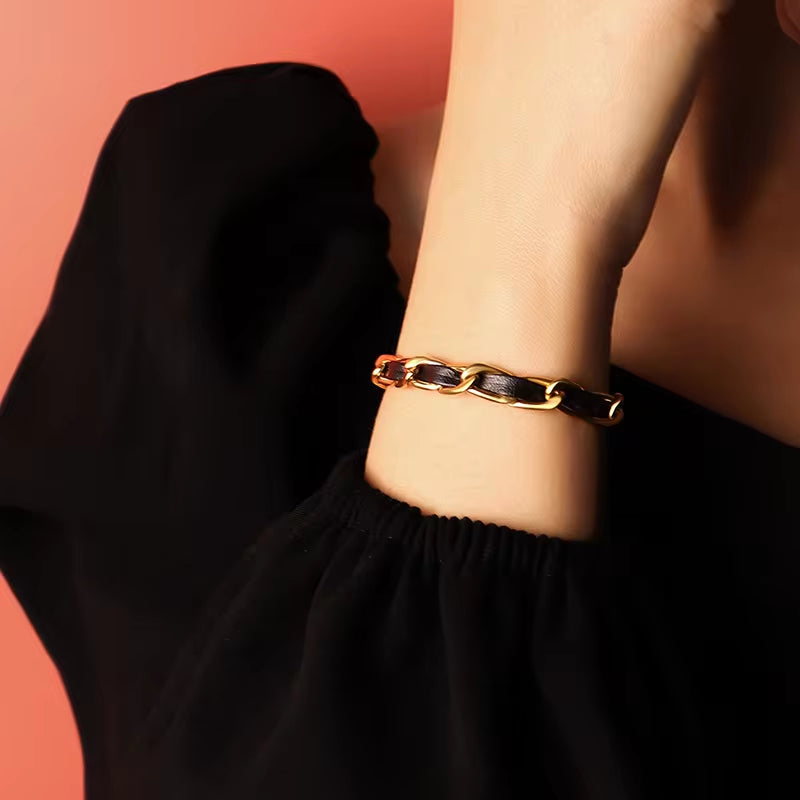 Stainless Steel Jewelry Personality Leather Rope Chain Bracelet Women Steel 18K Gold Bracelet My Store