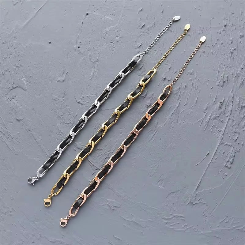 Stainless Steel Jewelry Personality Leather Rope Chain Bracelet Women Steel 18K Gold Bracelet My Store